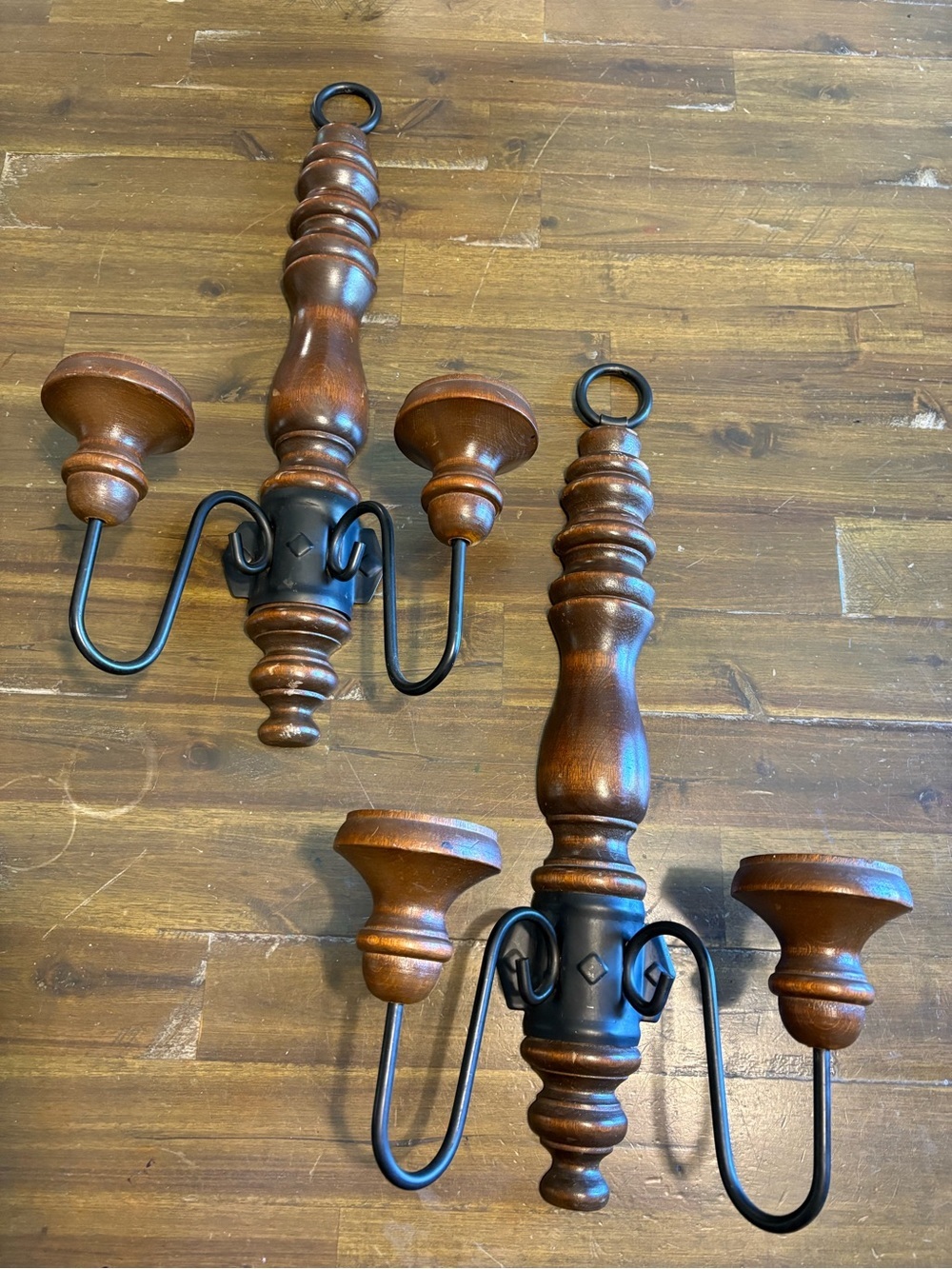 Vintage Homco Brown Wood Black Metal Double Candle Holder Wall Sconce Decor